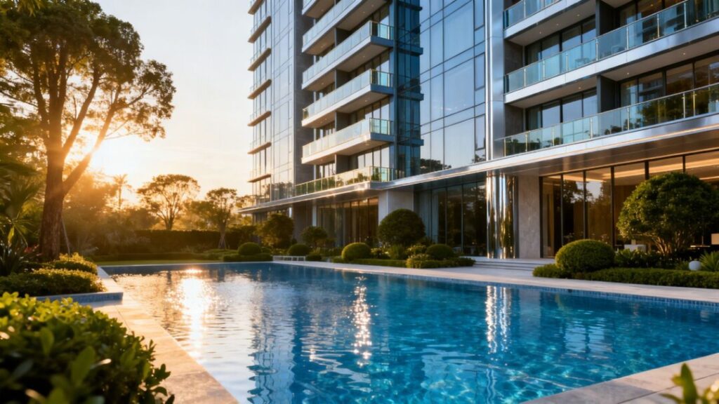 Banyan Tree Residences West Palm Beach exterior with pool.