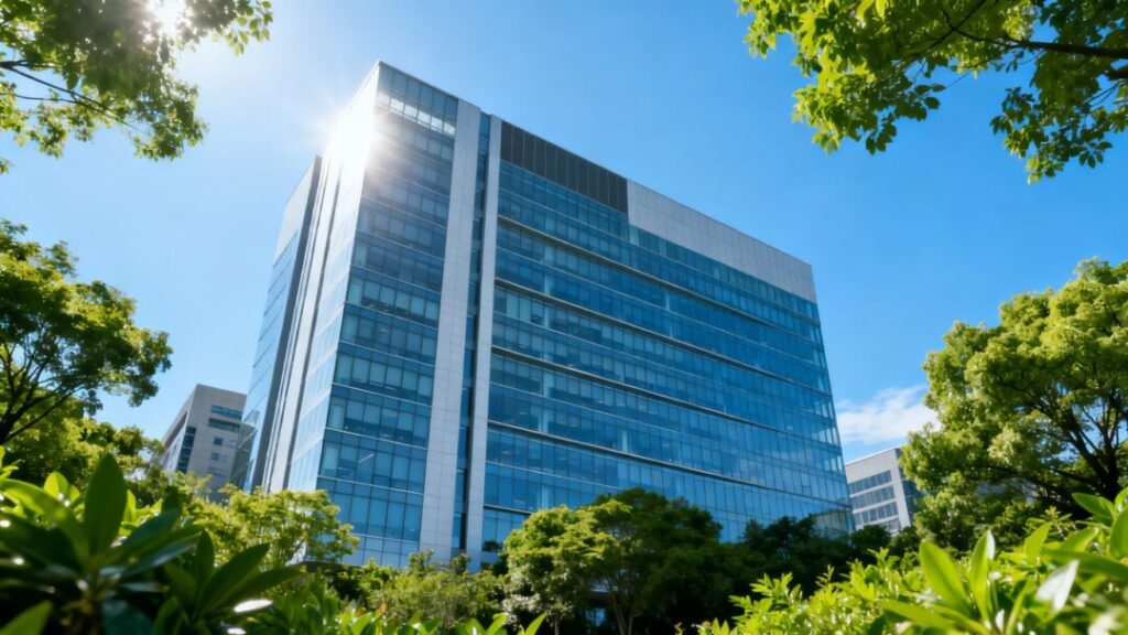 Modern office building with greenery under a blue sky.