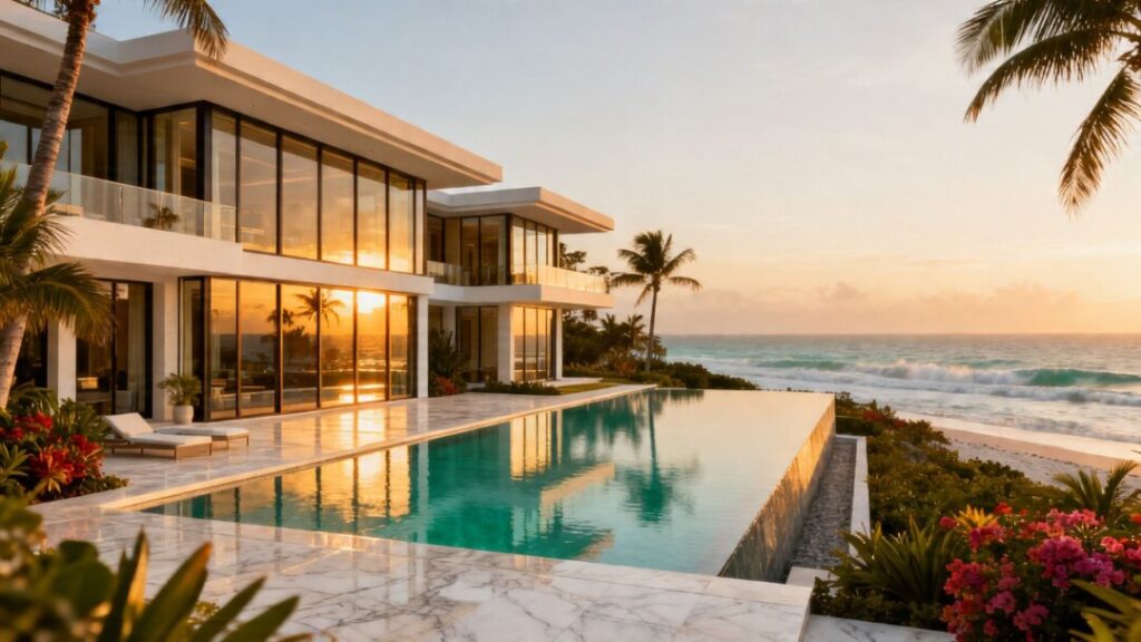 Luxury island mansion with ocean view and infinity pool.