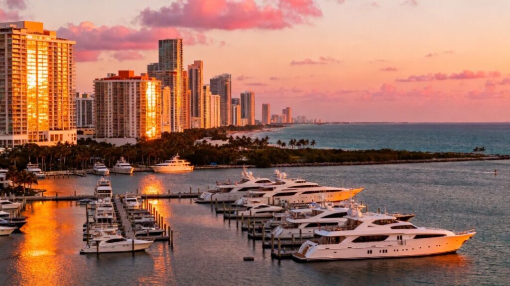 Miami skyline with ocean and yachts at sunset.