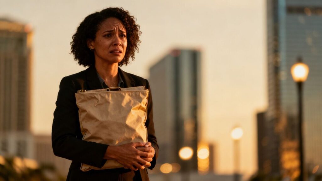 Woman looking worried, holding an empty investment portfolio bag.