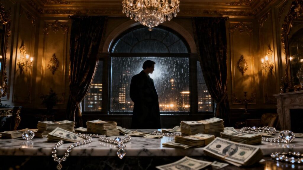 Mansion interior with cash, jewelry, and a shadowy figure.