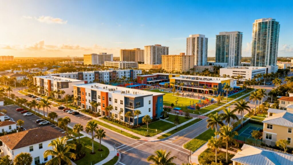 Modern Florida communities with student housing and urban buildings