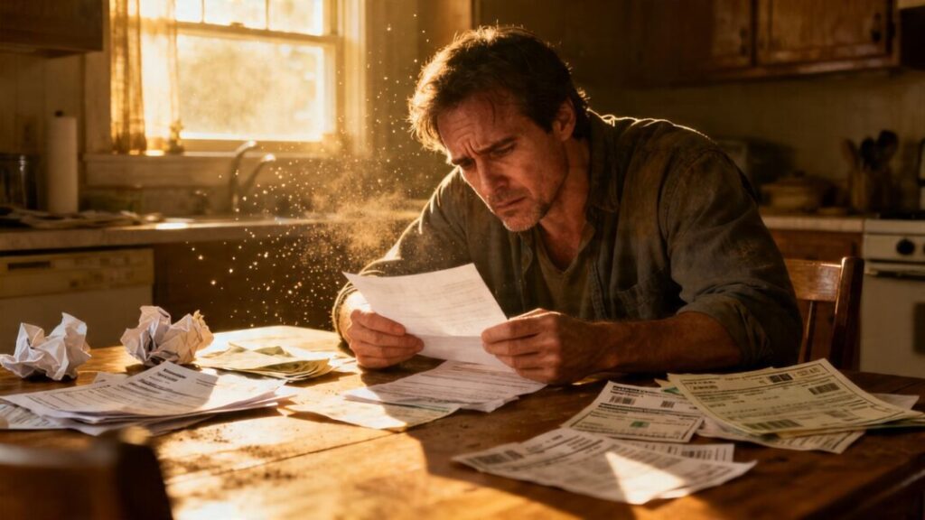 Homeowner stressed over bills at kitchen table.