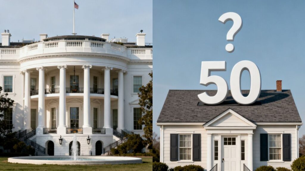 White House and a house with a 50-year mortgage symbol.