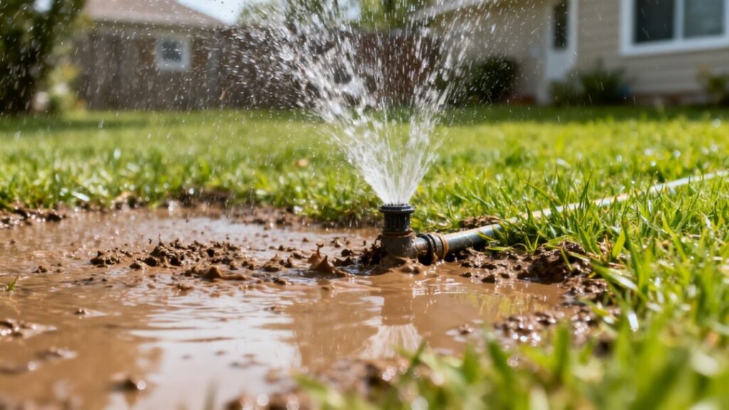 Neighbor's sprinkler water flooding a yard.