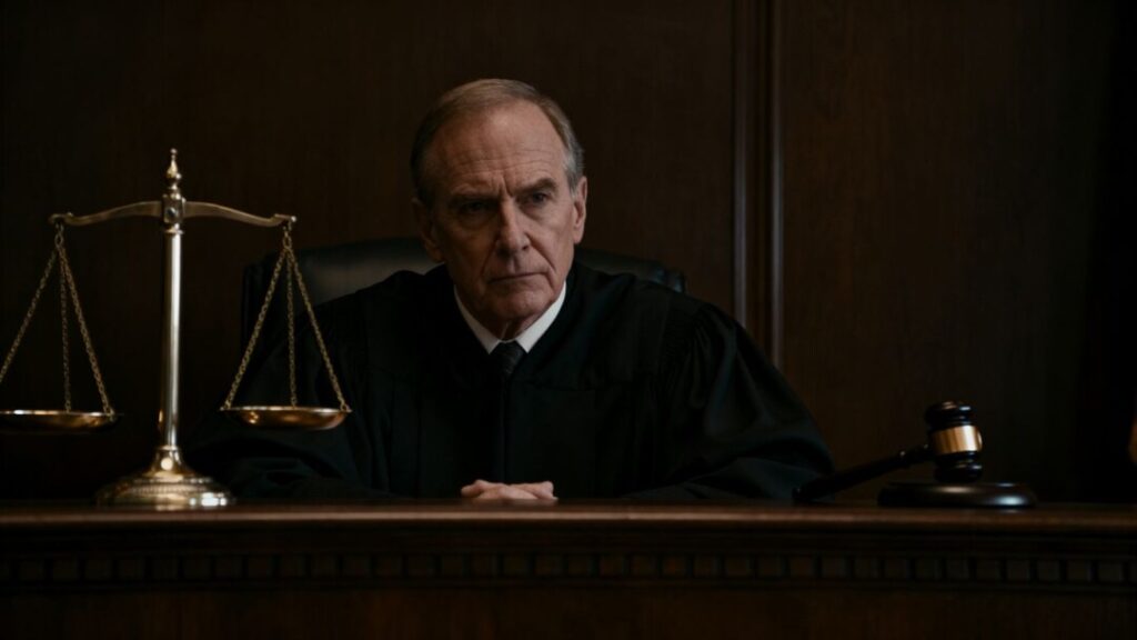 Courtroom scene with judge and scales of justice.