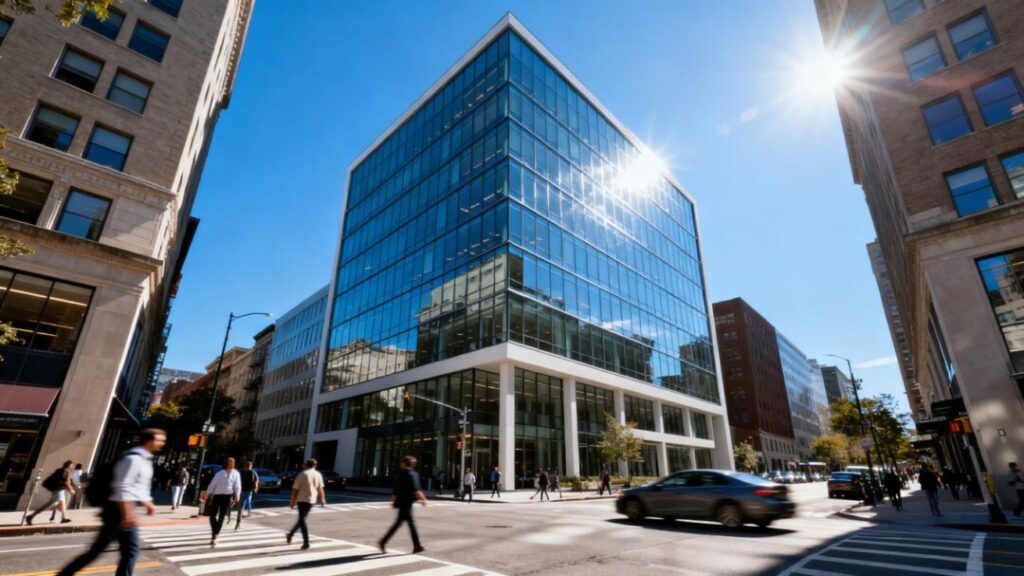 Modern office building in a busy urban setting.