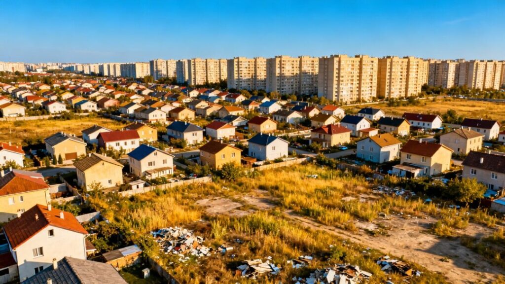 Suburban houses and apartments with empty lots nearby.