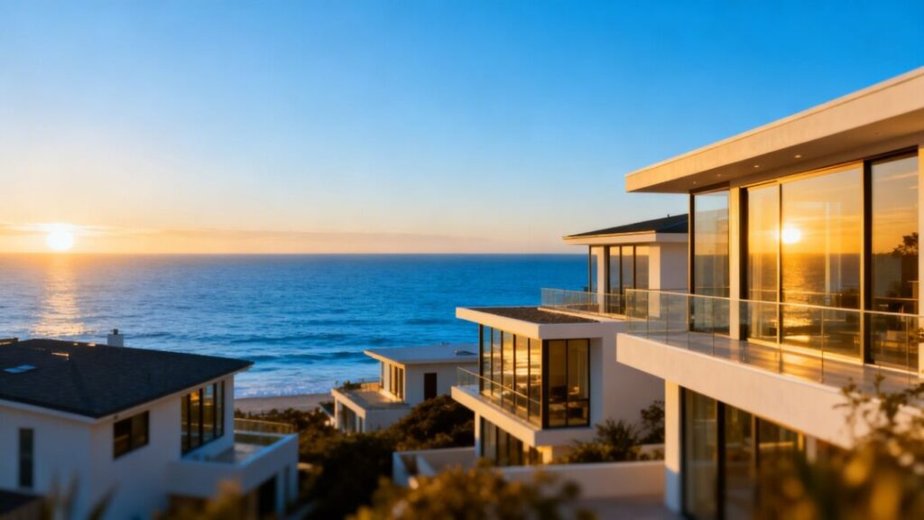 Florida homes with ocean view, sun rising.