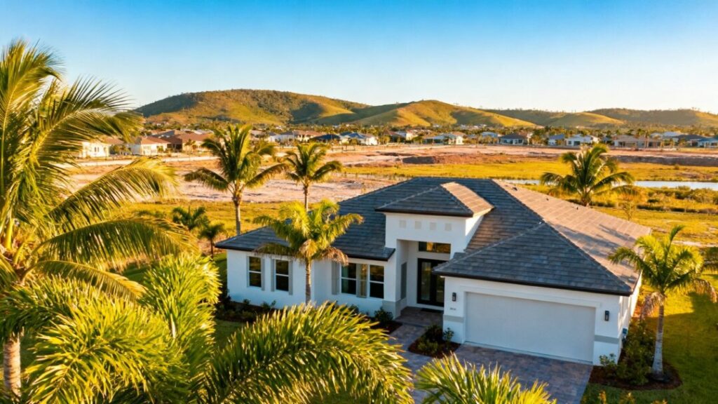 Central Florida landscape with a house and palm trees.