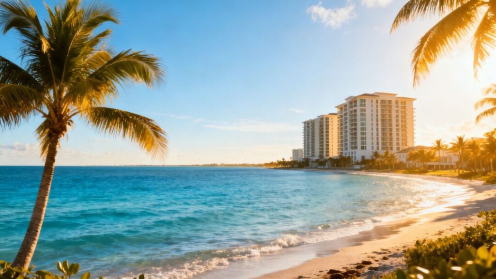 Florida coastline with palm trees and modern buildings.
