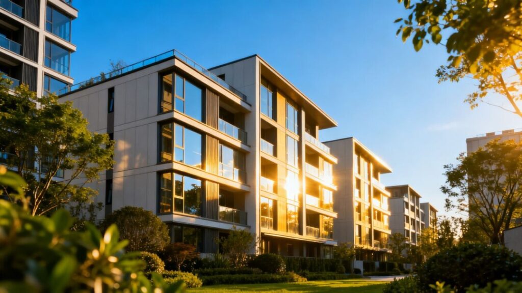 Modern apartment complex with landscaping under a blue sky.
