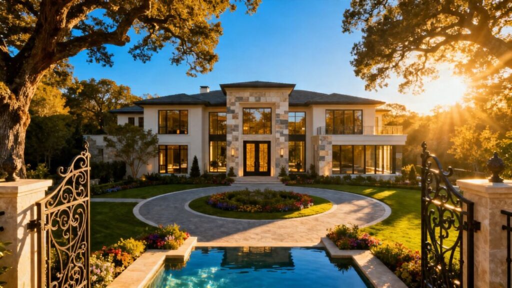 Luxury mansion with green landscaping and blue sky.