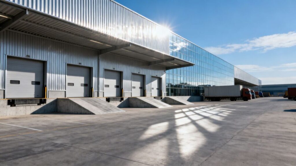 Modern industrial warehouse with loading bays and paved lot.