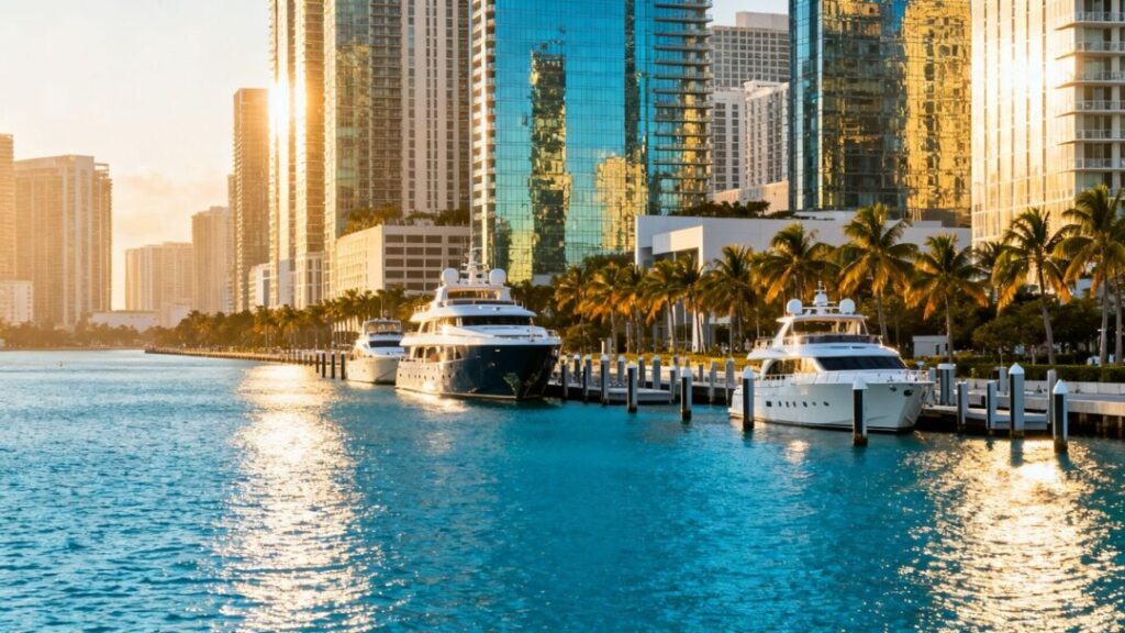 Miami skyline with skyscrapers, yachts, and ocean.