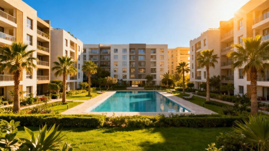 Modern apartment complex with pool and palm trees.