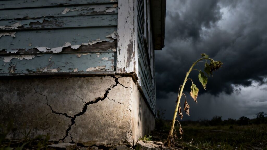 House with cracked foundation under stormy sky.