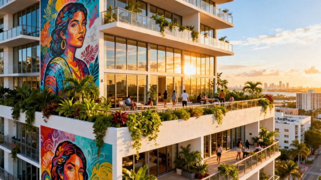 Colorful Wynwood apartment building with murals and rooftop terrace.