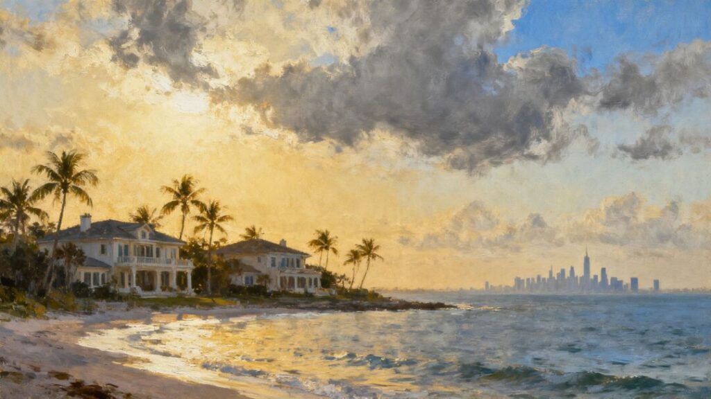 Florida homes with New York skyline in the distance.