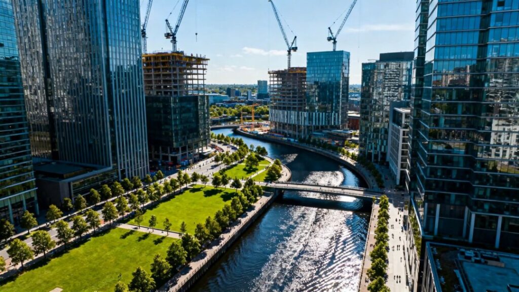 Fletcher District redevelopment with cranes and modern buildings.