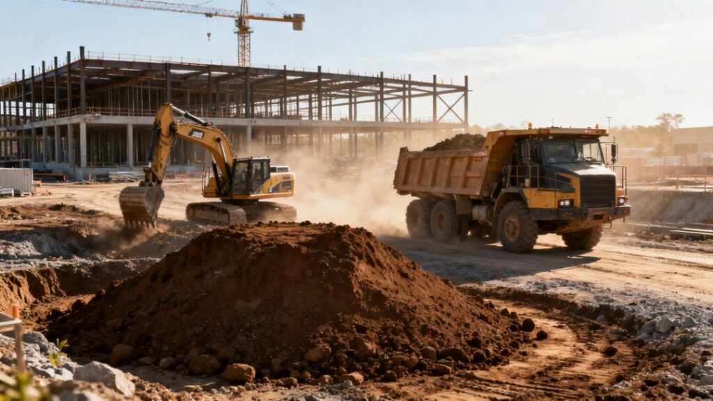 Construction site with cranes and heavy machinery.