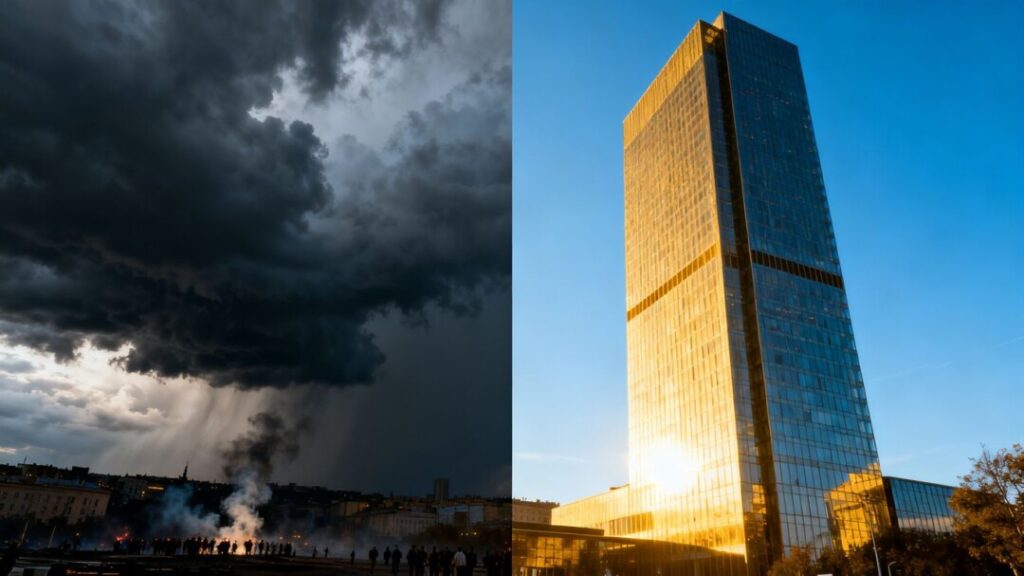 Skyscraper resilience amidst geopolitical storm clouds.