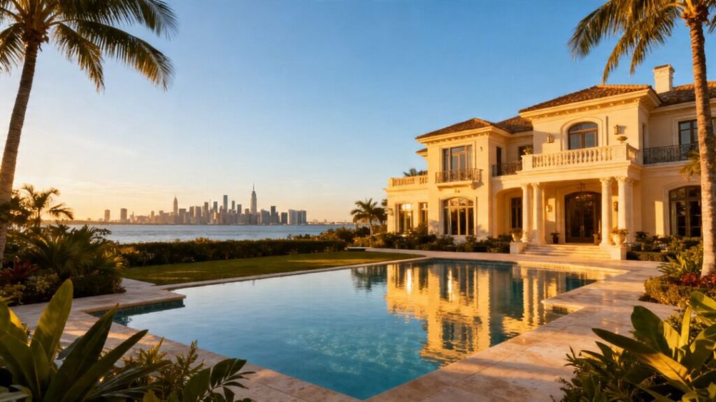 Florida mansion with NYC skyline in distance.