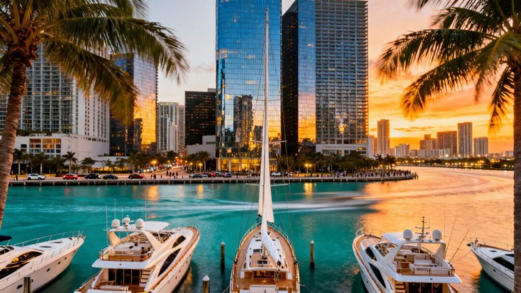 Miami skyline with luxury yachts and palm trees.