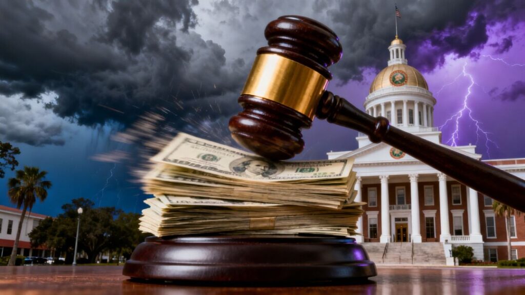 Gavel hitting money with Florida capitol in stormy background.