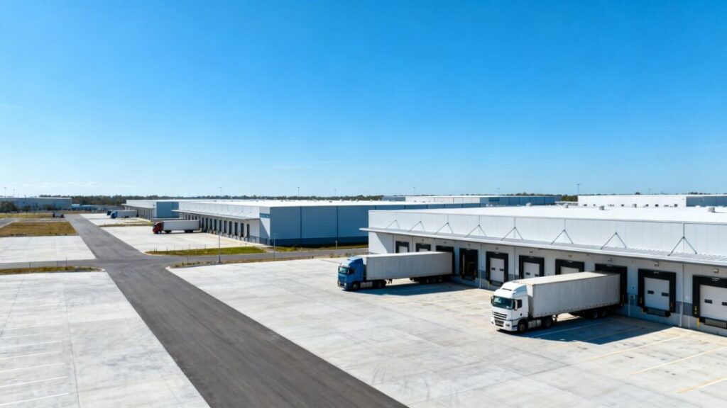 Pompano Beach industrial park with warehouses and trucks.