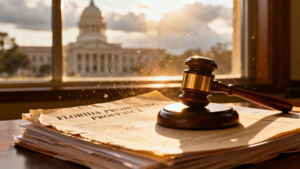 Florida property tax, legislative session, property deeds, gavel.