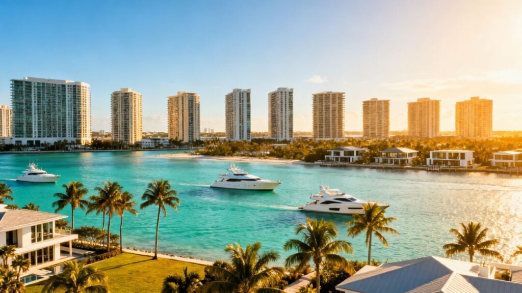 Florida coast with luxury condos and yachts.