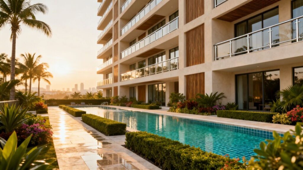 Luxury apartment complex with pool and landscaping.