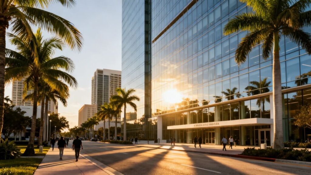 Modern office building in Coral Gables with palm trees.
