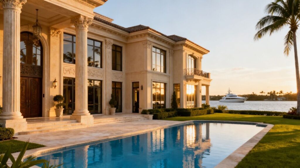 Luxury South Florida estate with pool and waterfront view.