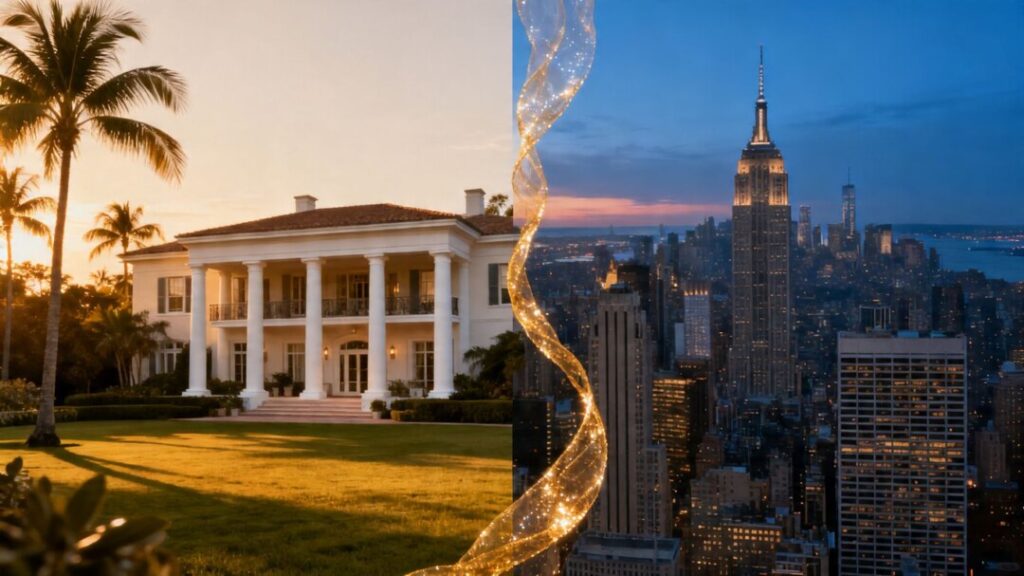 Palm Beach mansion and New York skyline connected by shimmer.