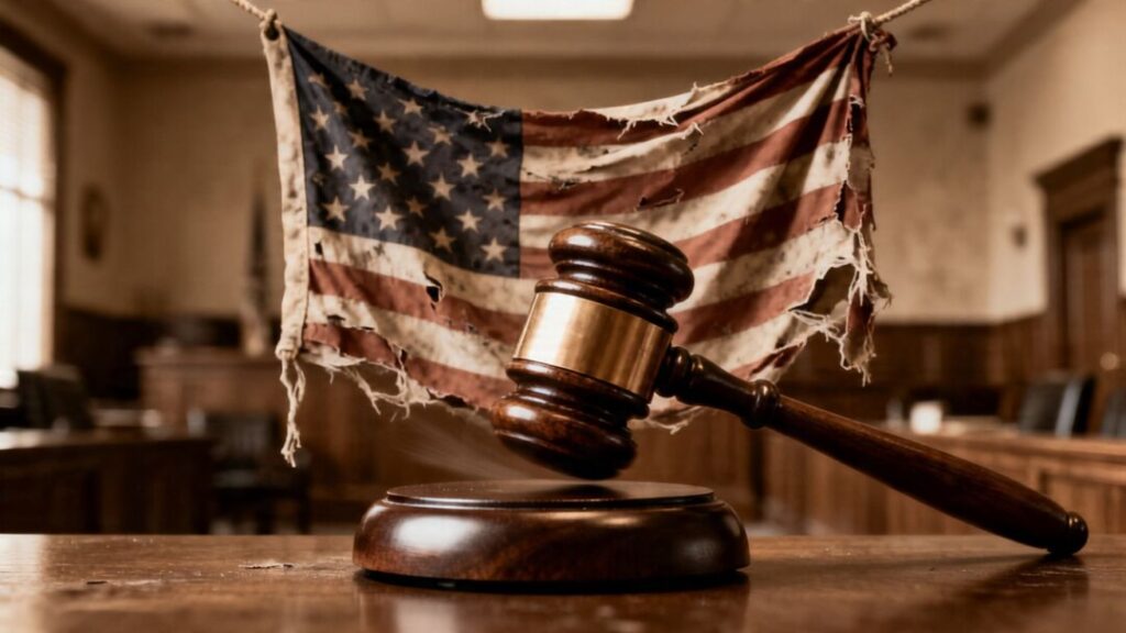 Gavel striking block in courthouse, distressed flag.