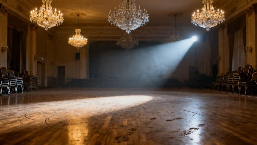 Empty ballroom with stacked chairs and a spotlight.