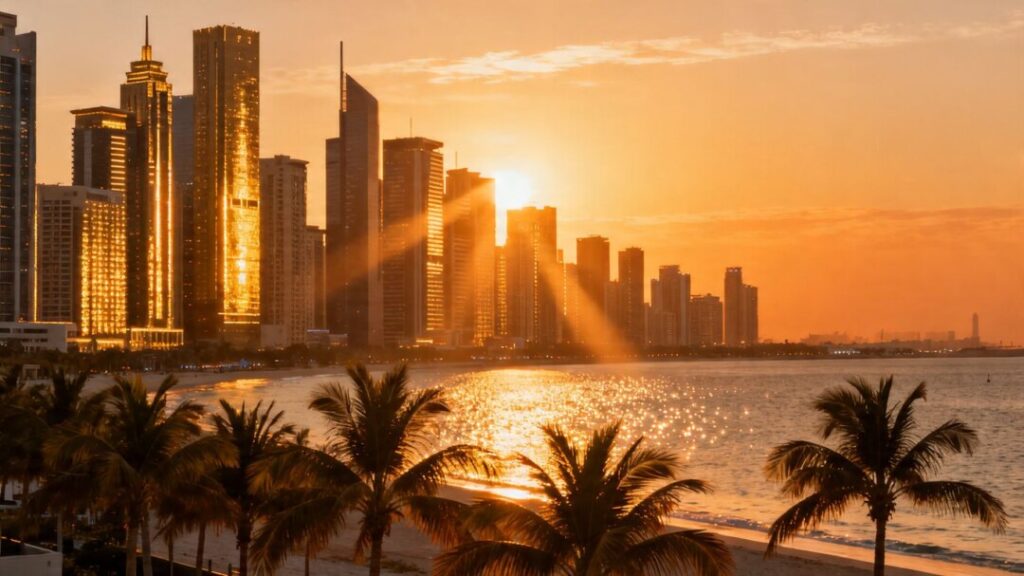 Florida cityscape at sunset with skyscrapers and coastline.