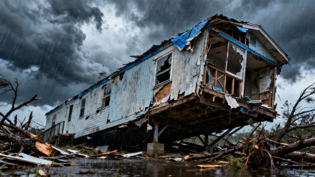 Damaged mobile home after a hurricane.