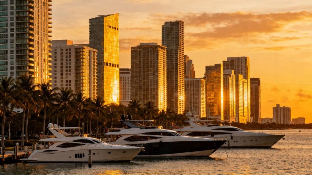 Miami skyline with luxury yachts and palm trees.