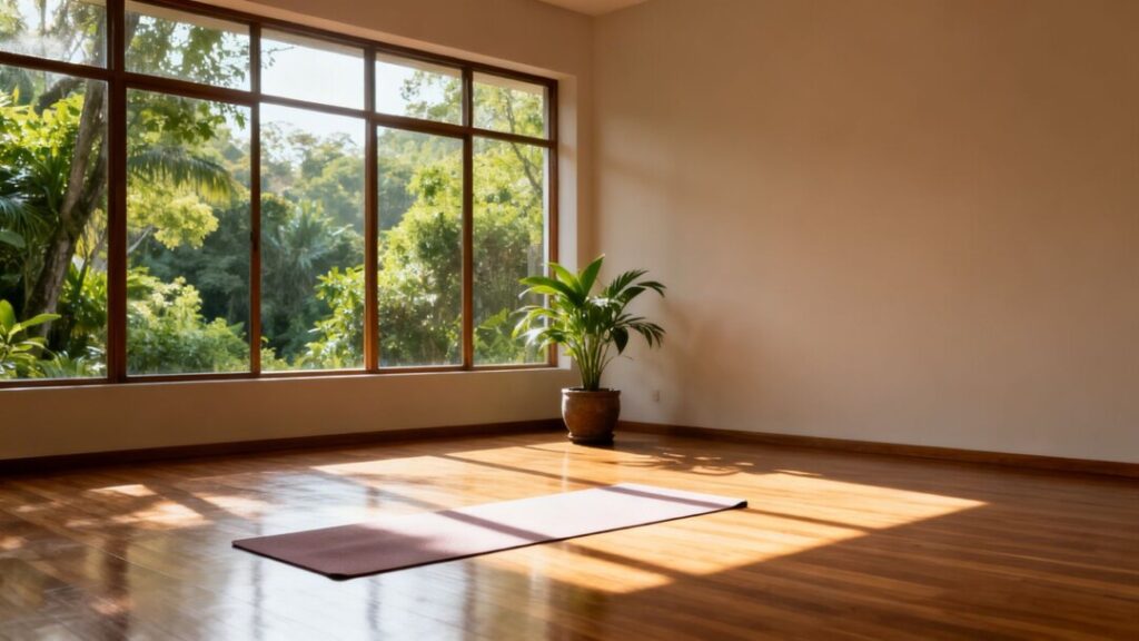 Serene yoga studio with natural light and green views.
