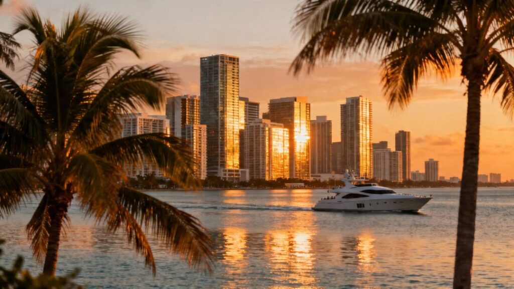 Miami skyline with ocean and palm trees.
