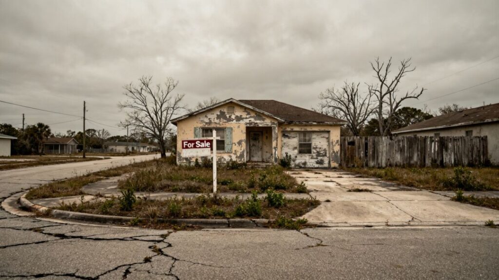 Florida home with 'For Sale' sign, gloomy sky.