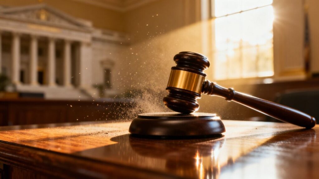 Gavel striking block in government meeting room.