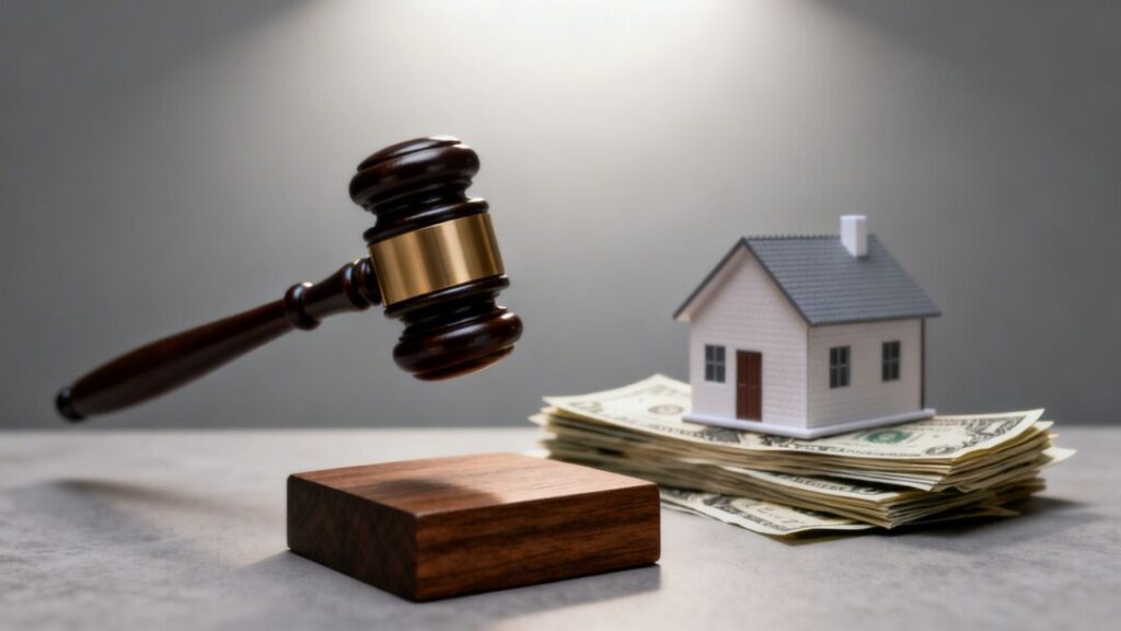 Gavel, money, and house symbolizing real estate settlement.