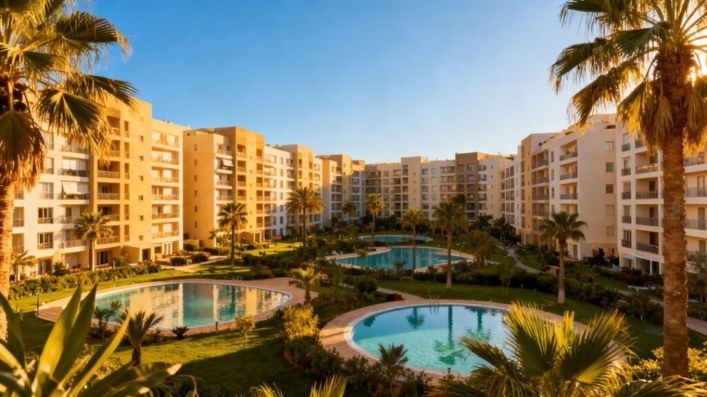 Phoenix-area apartment complex with pools and palm trees.