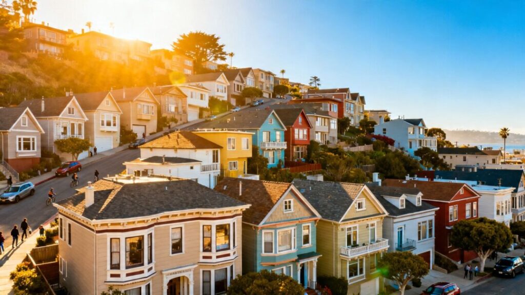 Homes under a bright sky, suggesting market growth.