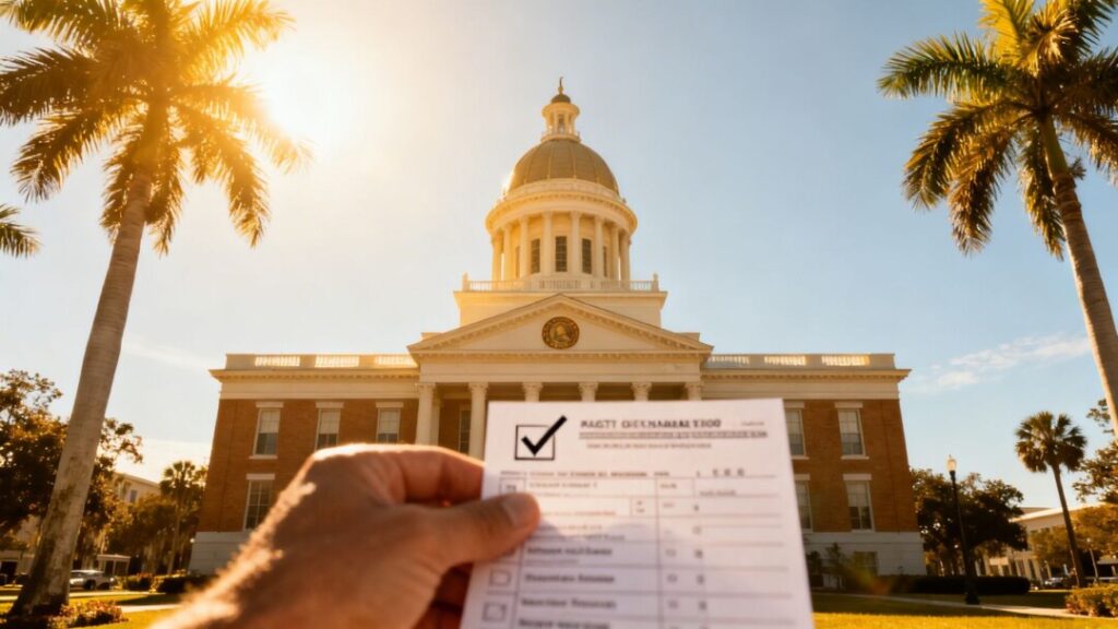 Florida capitol building with ballot and palm trees.